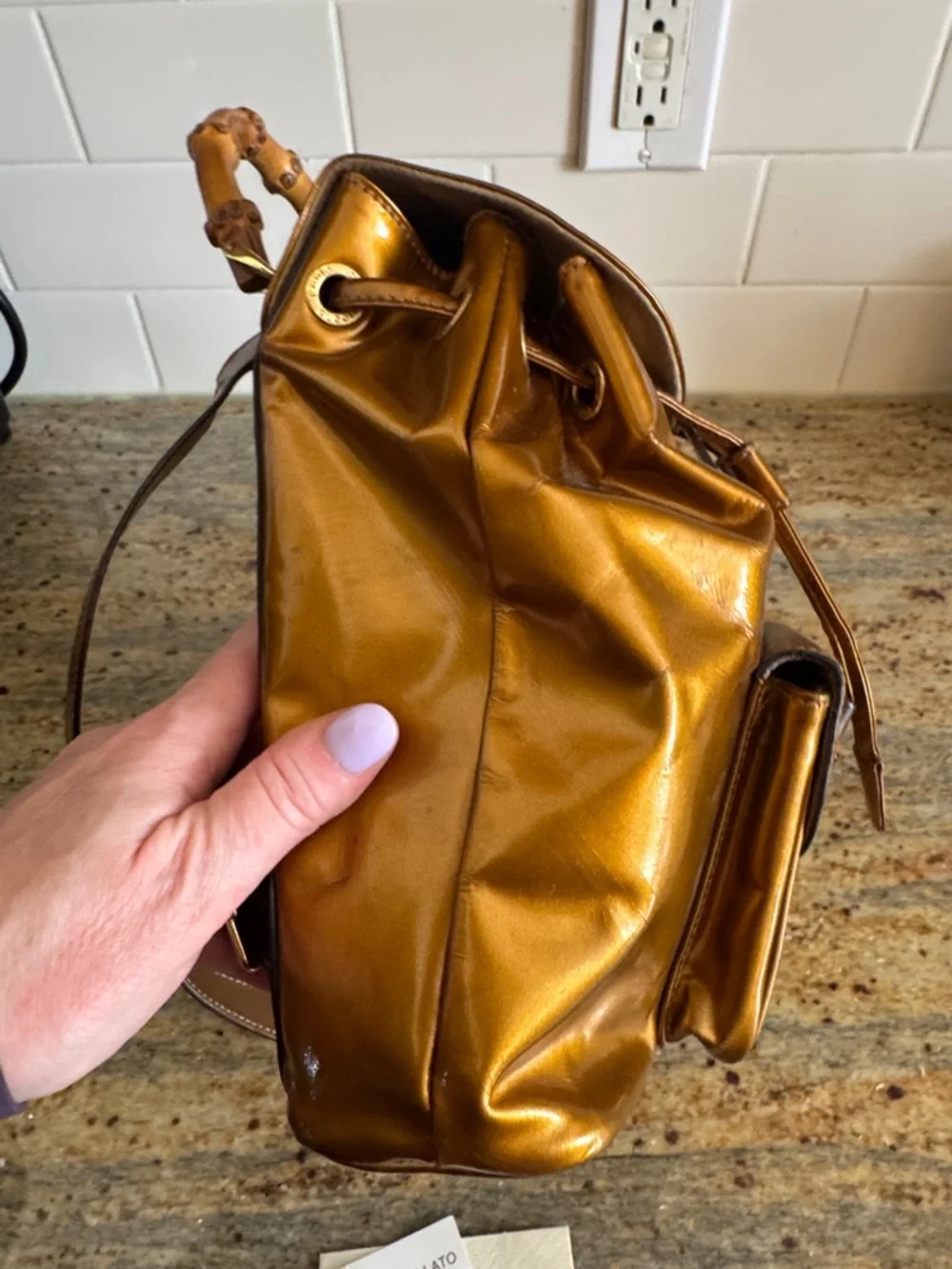 Gucci mini Patent Leather Drawstring Backpack ,, Bamboo Handle VTG Bronze - Picture 13 of 17